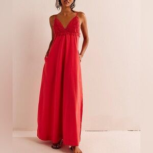 Free People‎ NWT Lovey Maxi Dress Red Crochet Cotton Size M